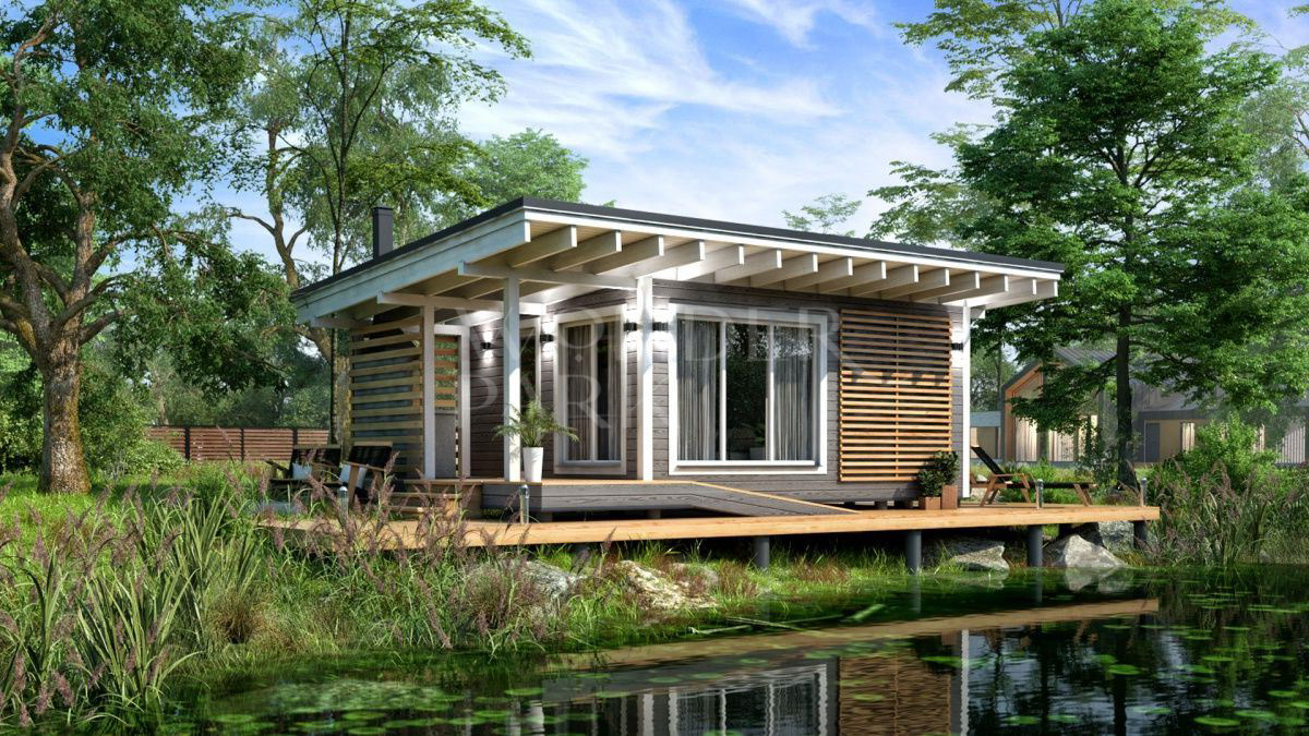 Баня 4х8 метра в стиле хай-тек с террасой и односкатной крышей BH5 — BarnHouse https://barnhouse1.ru/bani-hitech/bh5 — BarnHouse