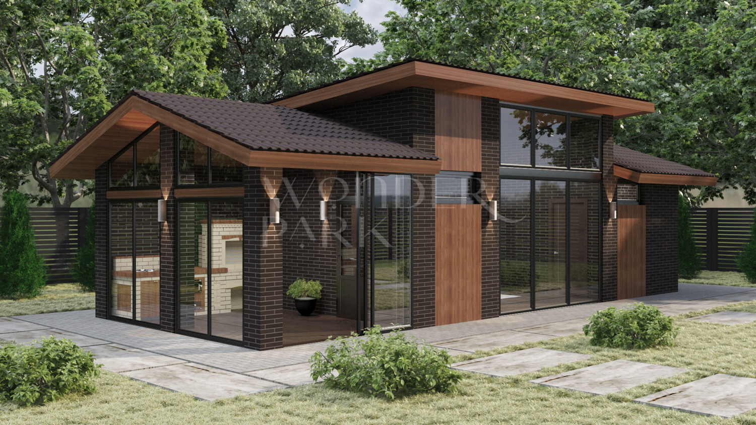 Кирпичная баня с беседкой и барбекю хайтек 5 на 12 метров BH19 — BarnHouse https://barnhouse1.ru/bani-hitech/bh19 — BarnHouse