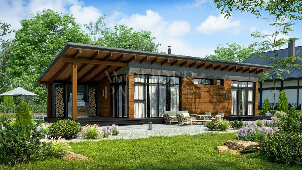 Современная баня с беседкой и барбекю проект 4х15 метров BH21 — BarnHouse https://barnhouse1.ru/bani-hitech/bh21 — BarnHouse
