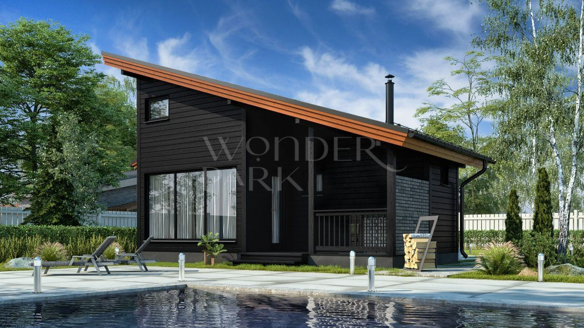 Современная баня с необычной крышей проект 4 на 9 метра BH8 — BarnHouse https://barnhouse1.ru/bani-hitech/bh8 — BarnHouse