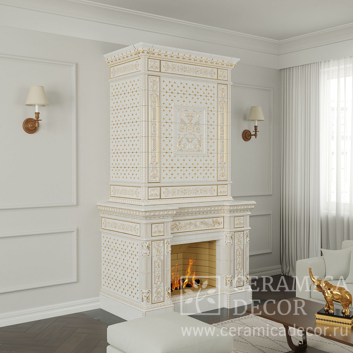 Декоративный камин Альбион с росписью золотом — CeramicaDecor