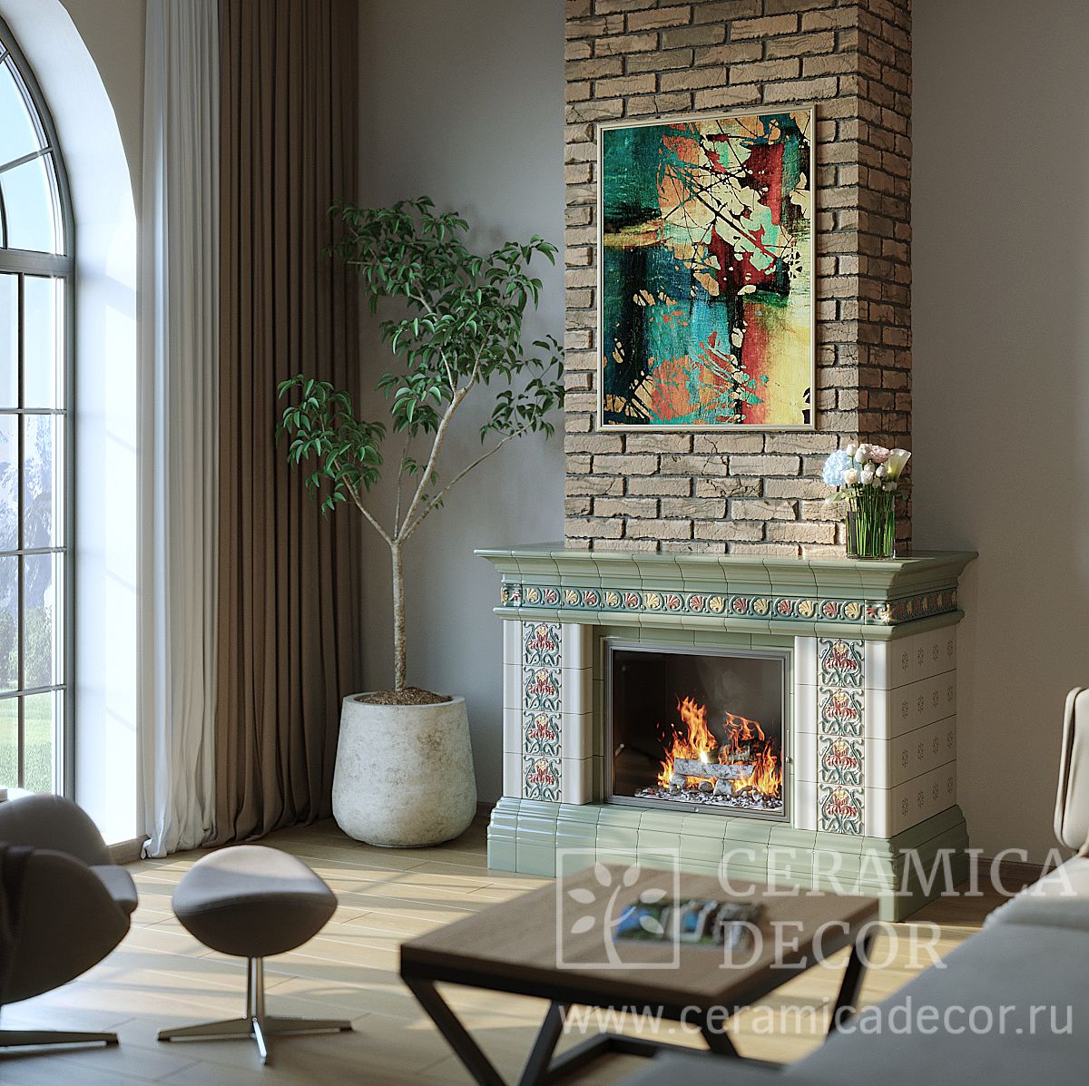 Декоративный камин Арт Нуво. Фисташковый с росписью — CeramicaDecor