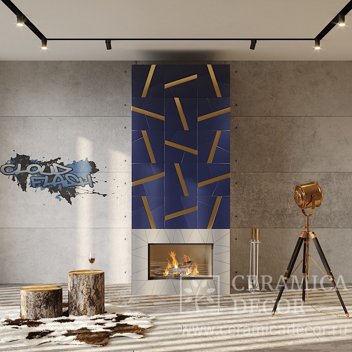 Декоративный камин Гравити. Базовый цвет: Кобальт — CeramicaDecor