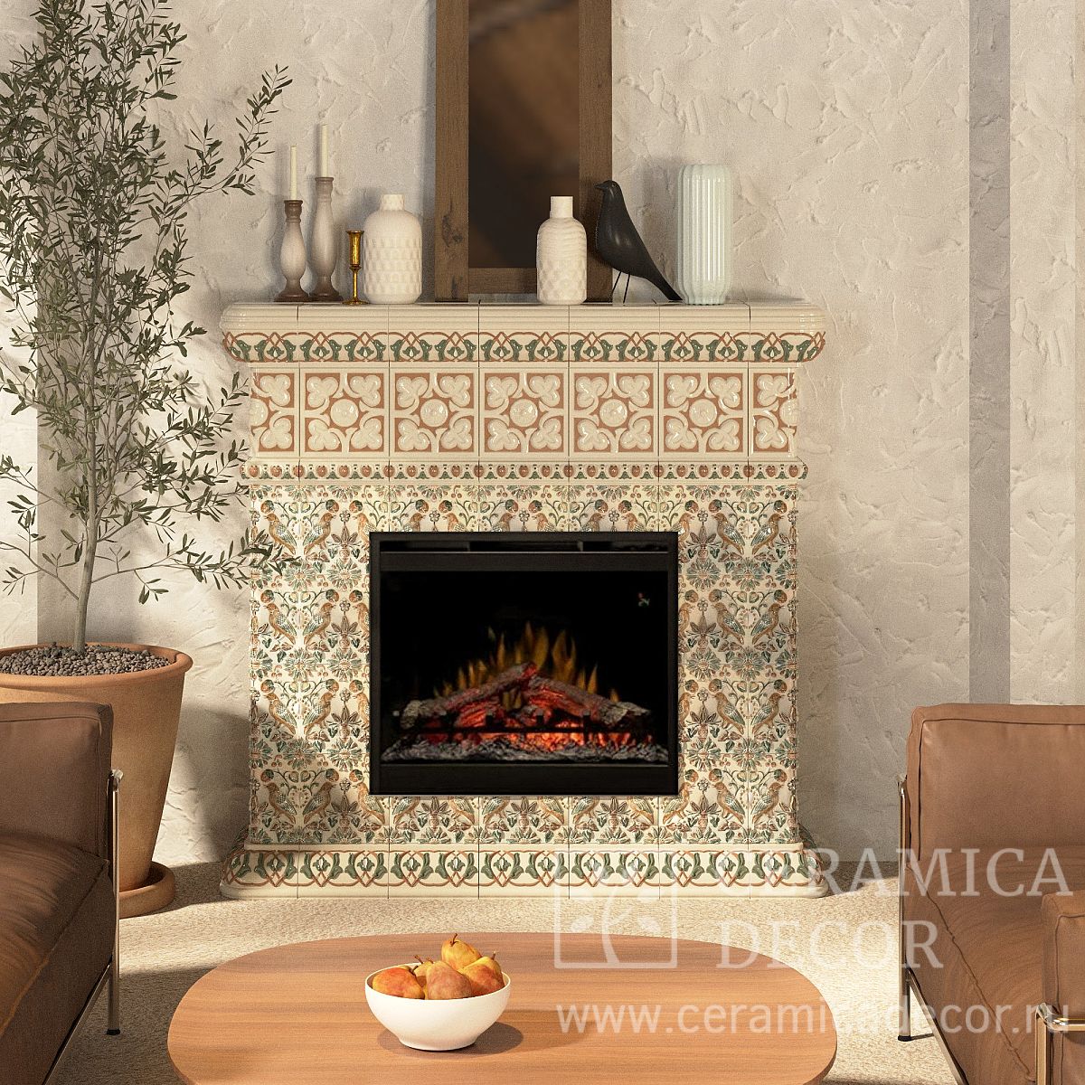 Электрокамин с порталом Птички — CeramicaDecor