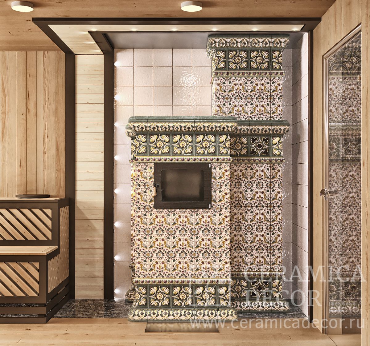 Изразцовая банная печь "Птицы" 20х20 — CeramicaDecor