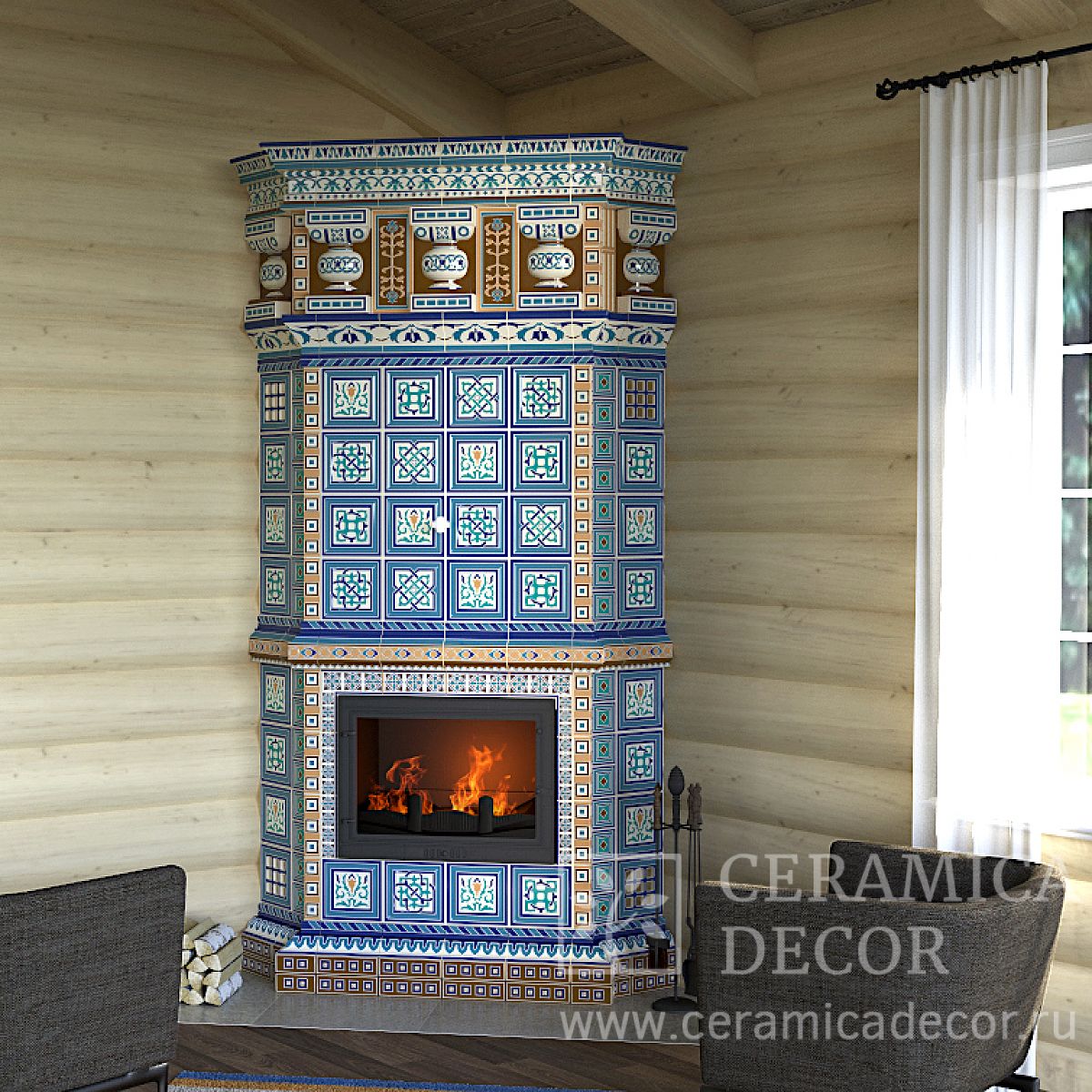 Изразцовая угловая печь-камин Византия — CeramicaDecor