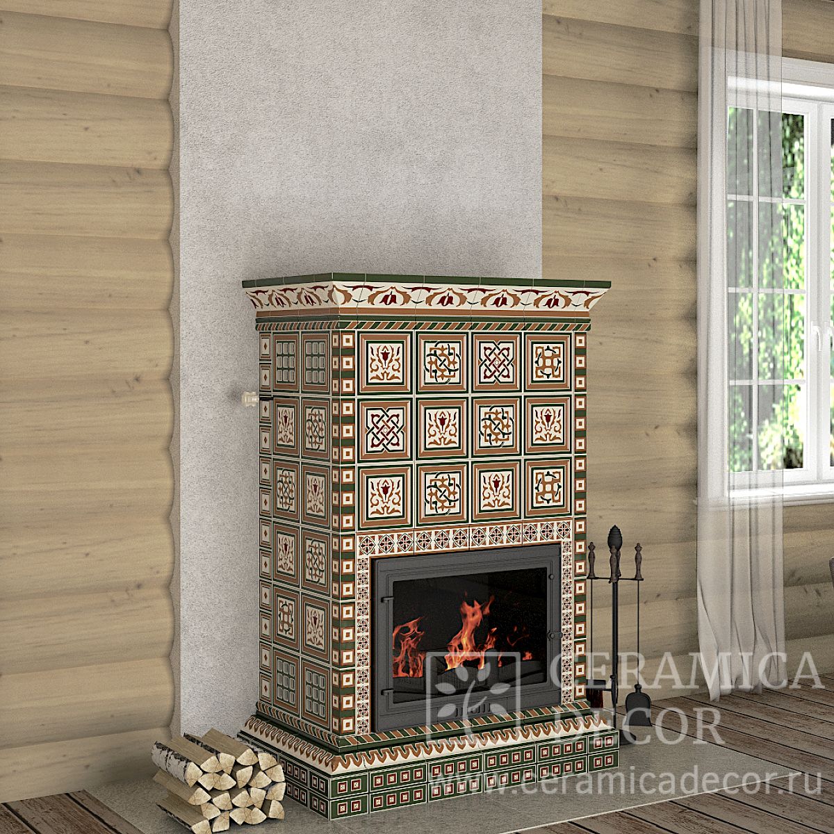 Изразцовая печь-камин Византия. Декоративная палитра:  Оливковая — CeramicaDecor