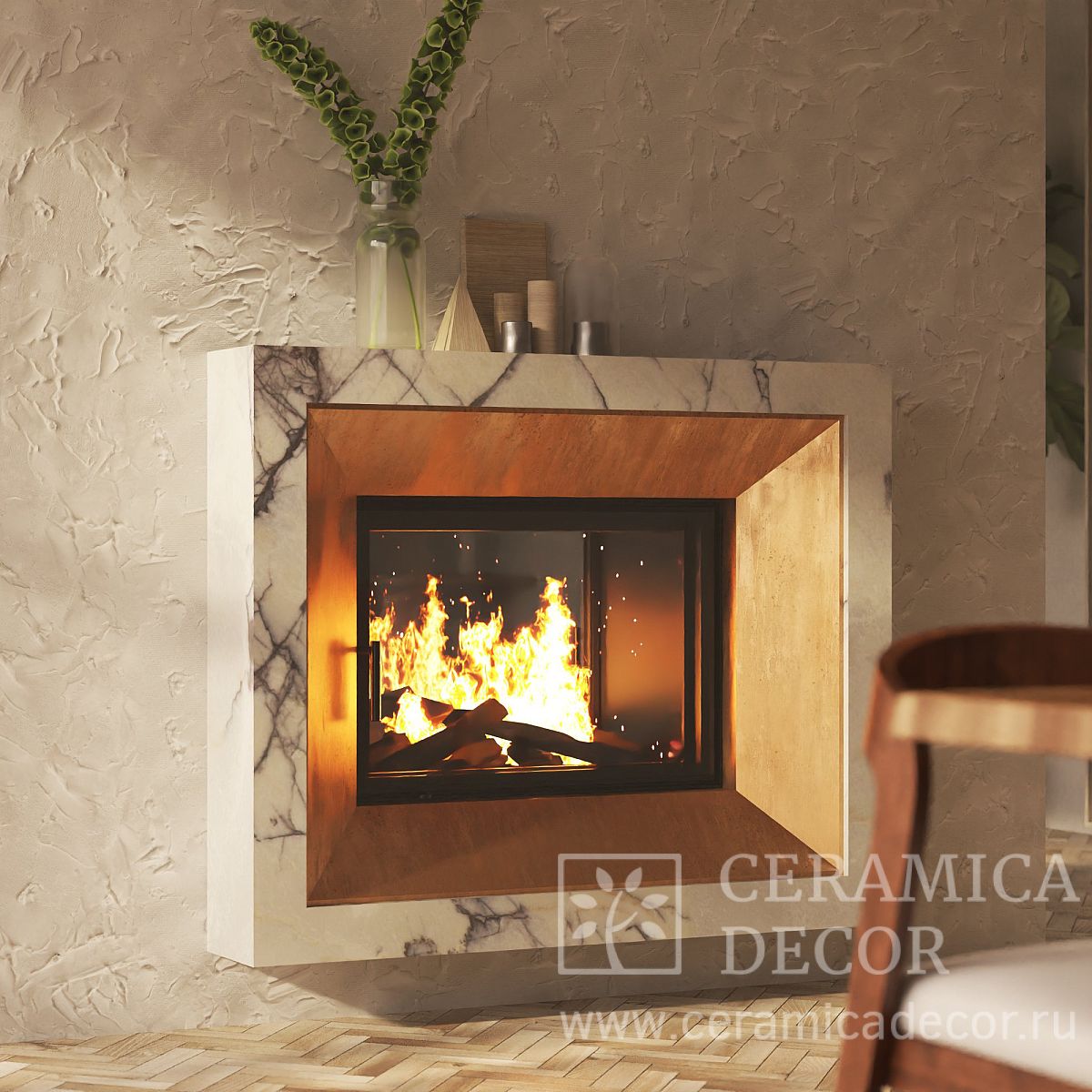 Камин из белого мрамора Milas Lilac с вставкой под бронзу — CeramicaDecor