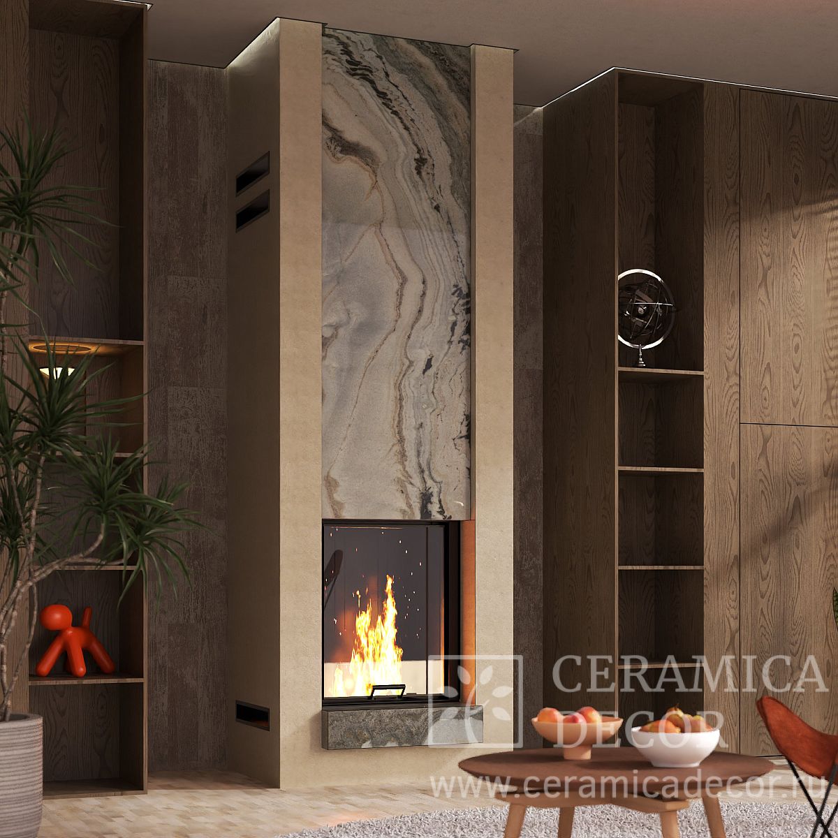 Камин из мрамора Venezia Delicato с цветной вставкой Atlantic Stream — CeramicaDecor