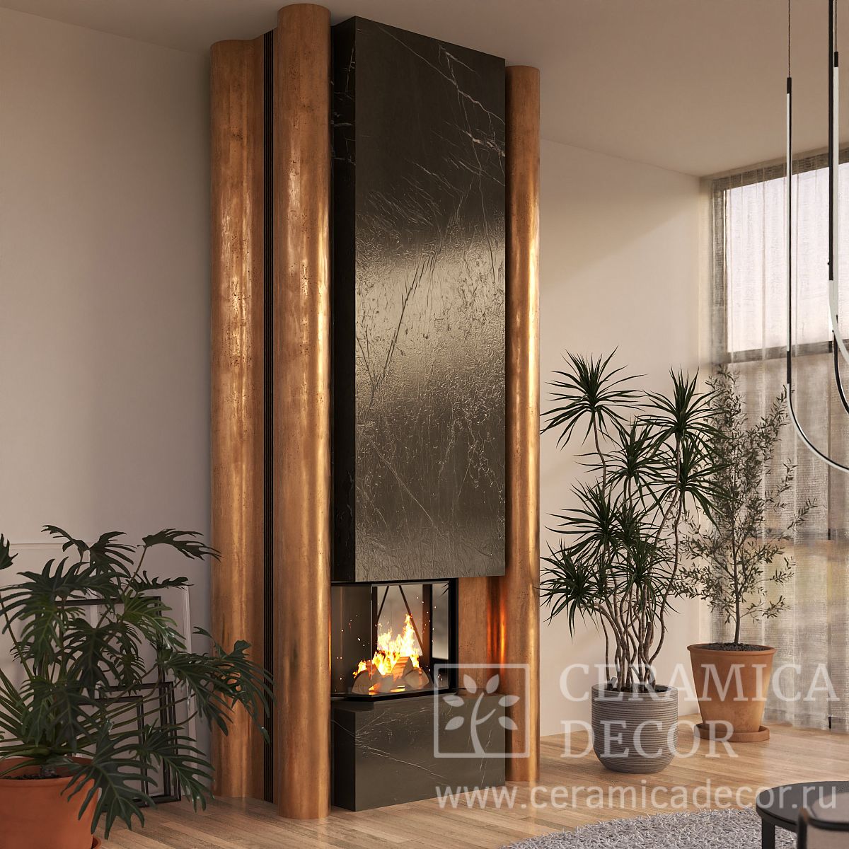 Камин из темного мрамора Pietra Grey с элементами под бронзу — CeramicaDecor