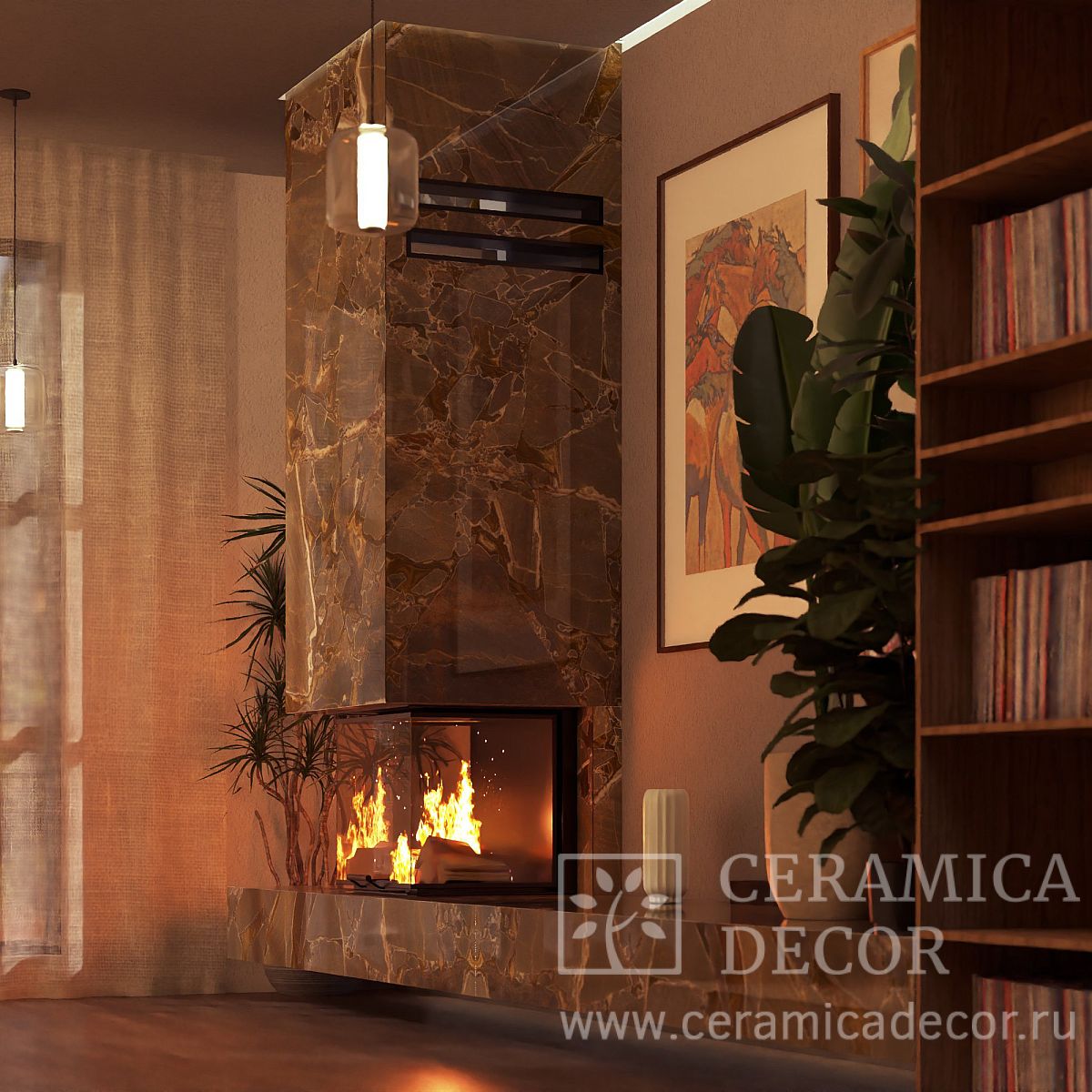 Камин из желтого мрамора Eldorado с подиумом под телевизор — CeramicaDecor