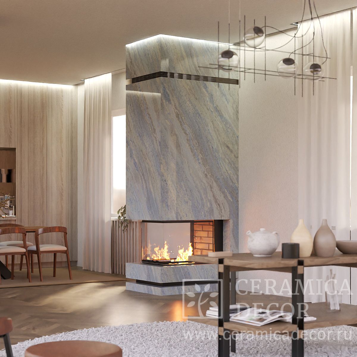 Камин с П-образной топкой из голубого мрамора Azul Aquamarina — CeramicaDecor