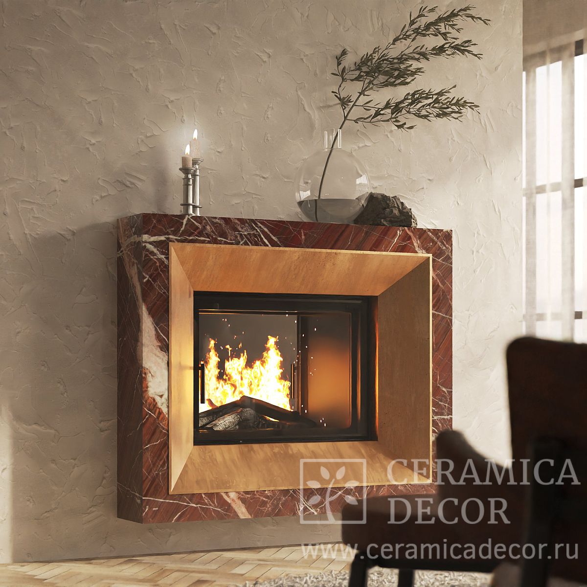 Мраморный камин Rouge Epique с вставкой под бронзу — CeramicaDecor