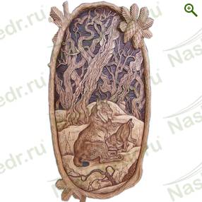 Картина резная, Рысь кормит рысенка — Наш Кедр